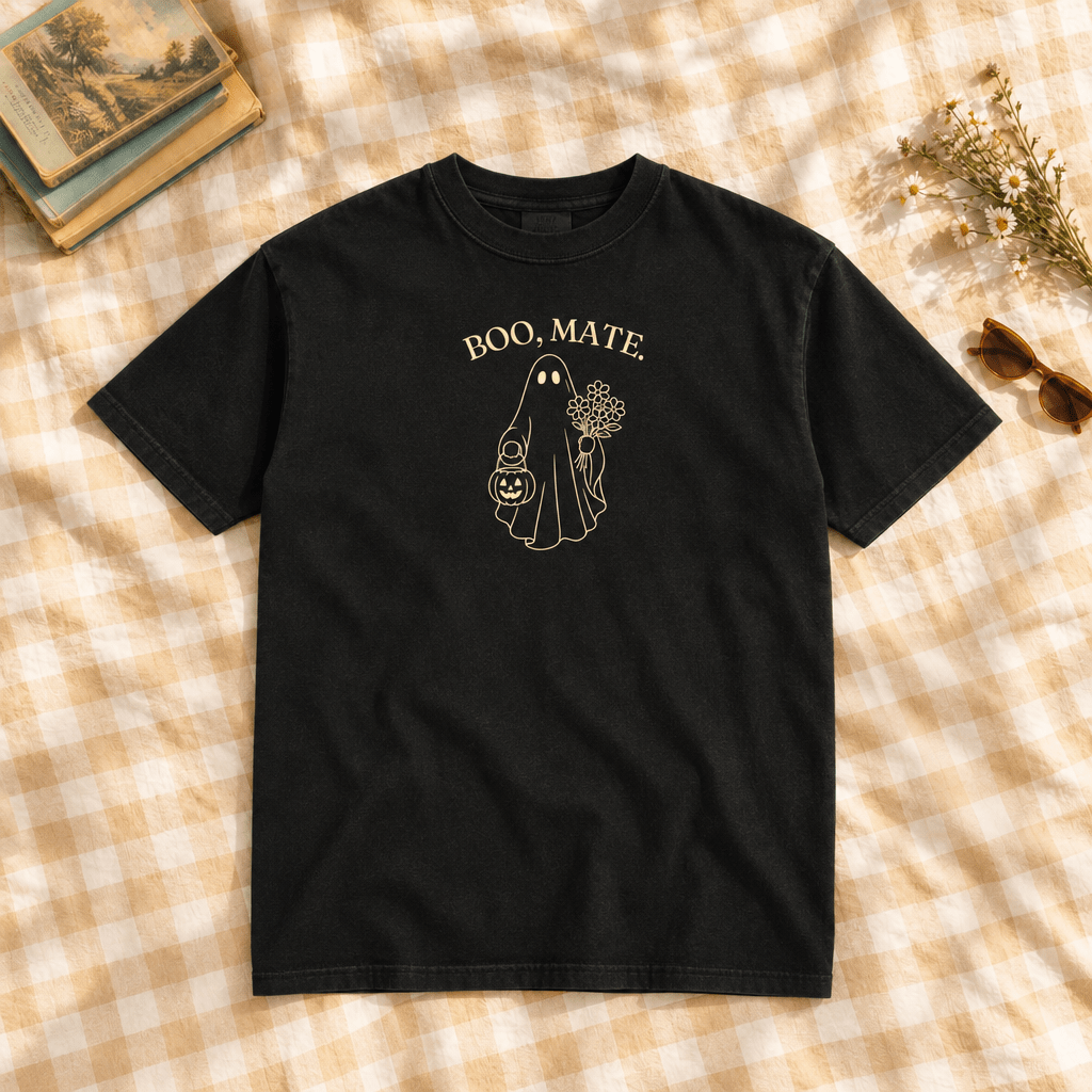 Boo, Mate black tee in a buttercream gingham flat lay