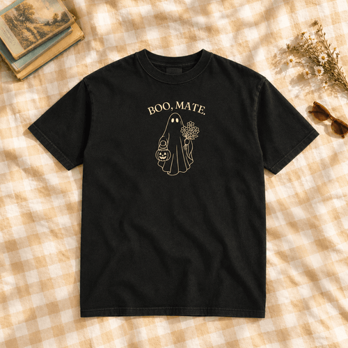 Boo, Mate black tee in a buttercream gingham flat lay