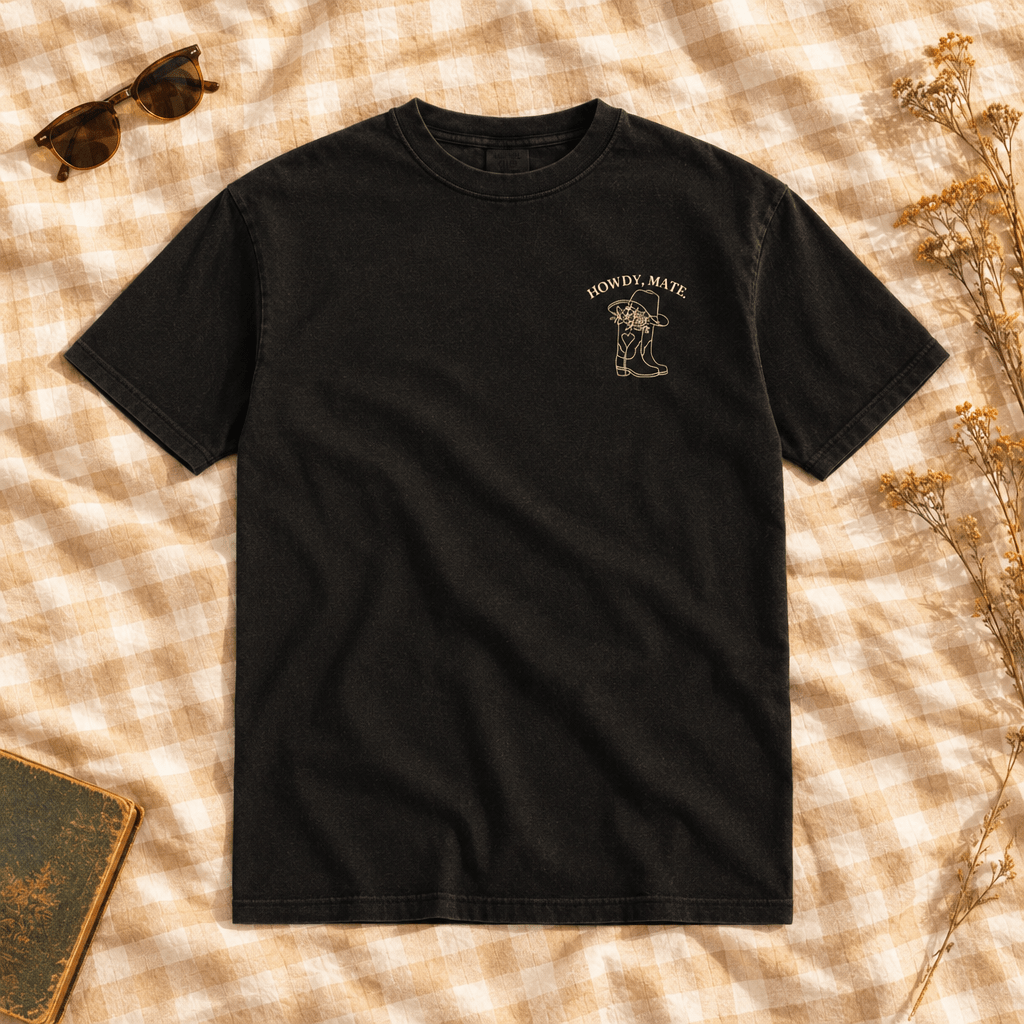 Howdy, Mate tee with sunglasses and dried wildflowers