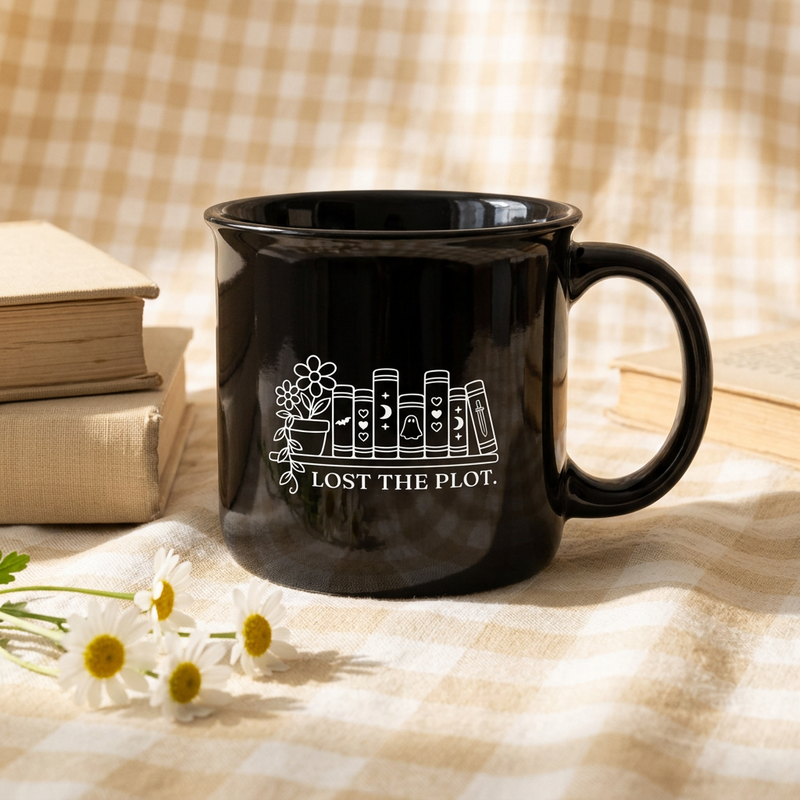 Lost the Plot mug with buttercream gingham styling