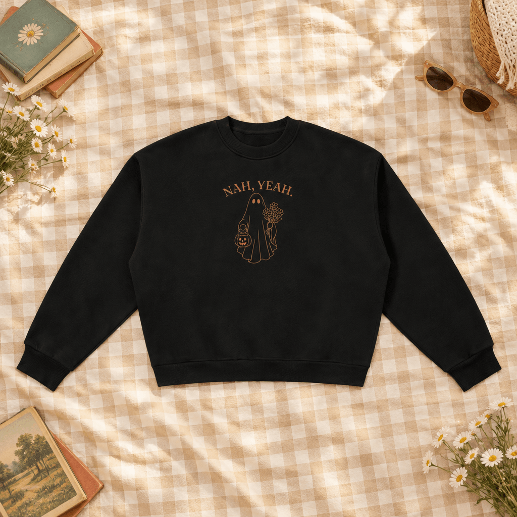 Nah, Yeah ladies crewneck on buttercream gingham