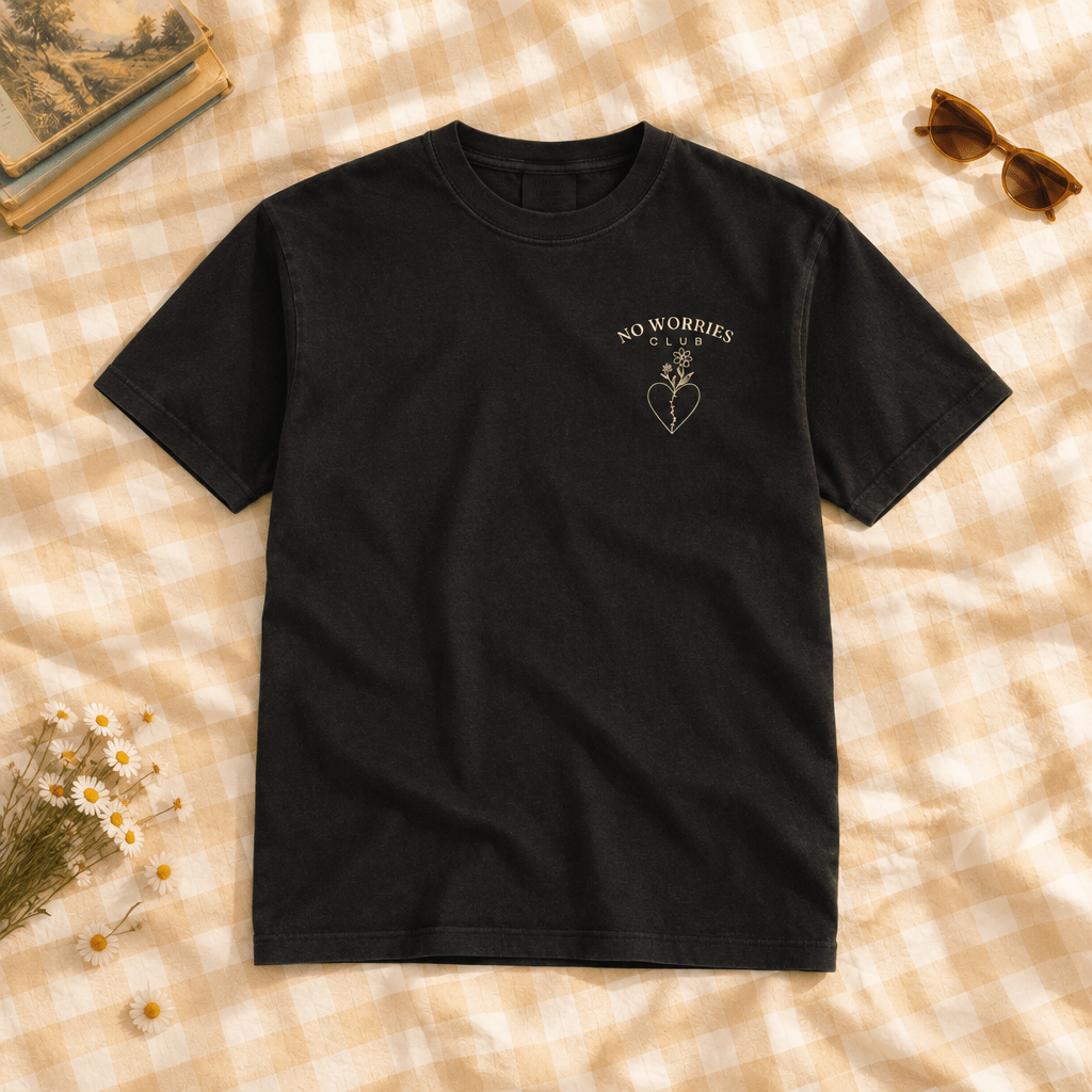 No Worries Club black tee on gingham with daisies and sunglasses