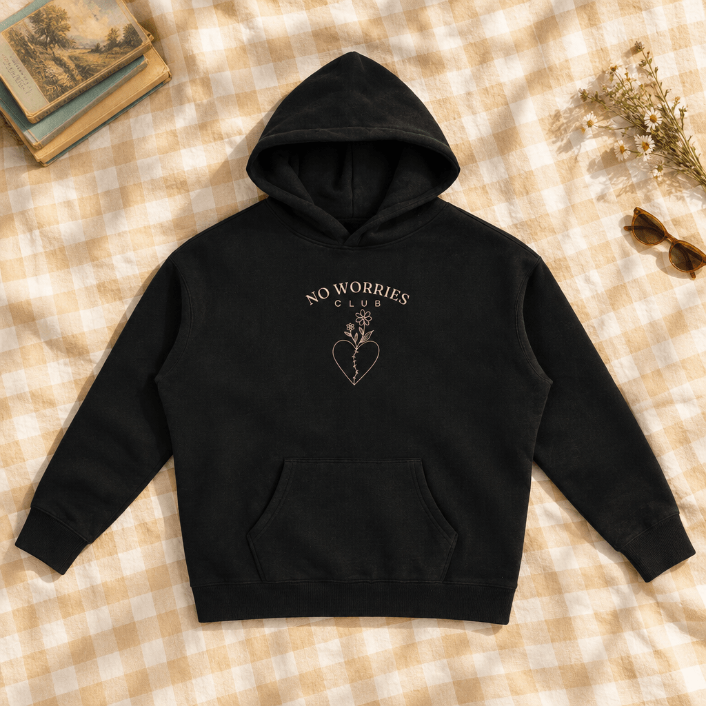 Sunday Arvo Co. hoodie in a buttercream gingham flat lay